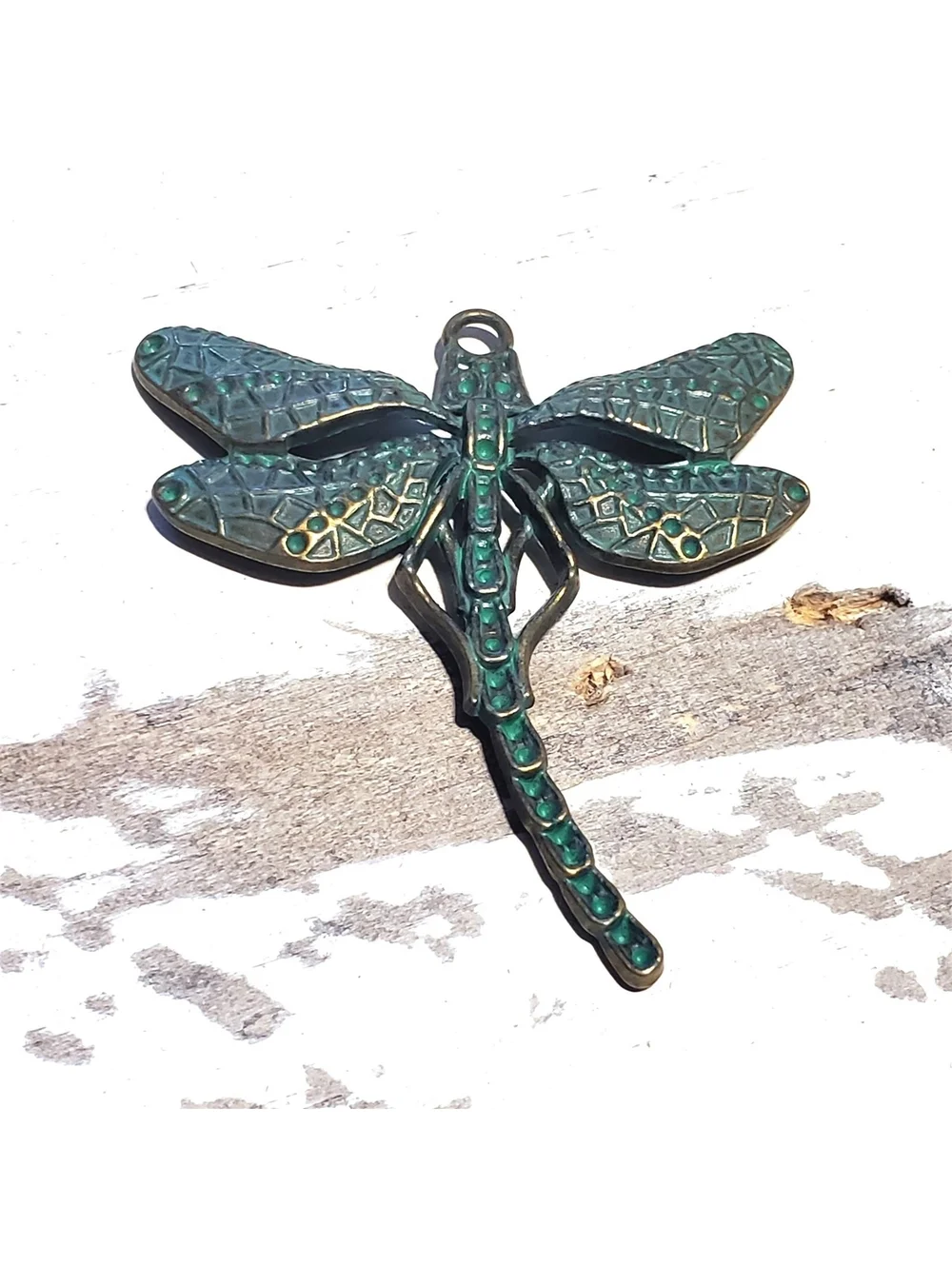 Art Nouveau Antique Bronze Verdigris Green Patina Carved Dragonfly Pendant